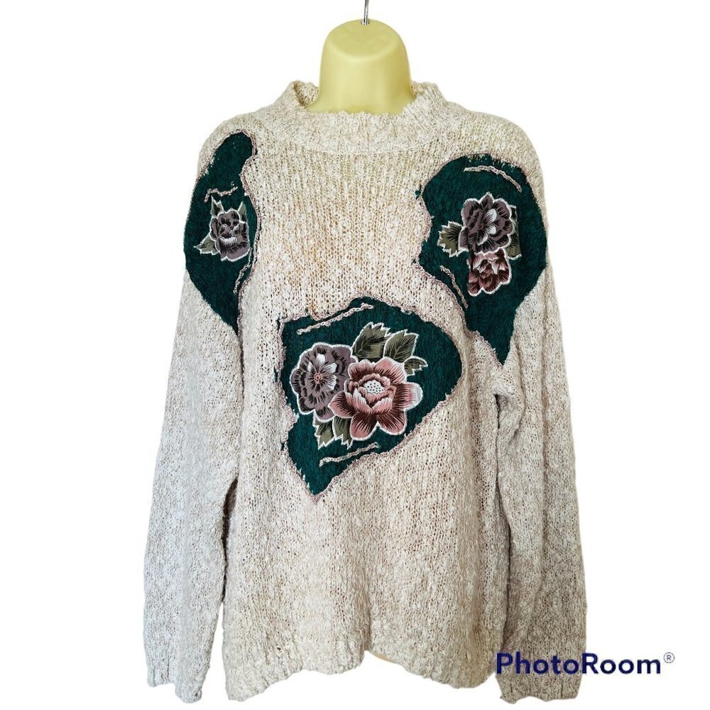 FLORAL Winter Sweater-Women's Sweater-Knit Jumper-Boho Knit-Beige Sweater- L - Picture 4 of 7